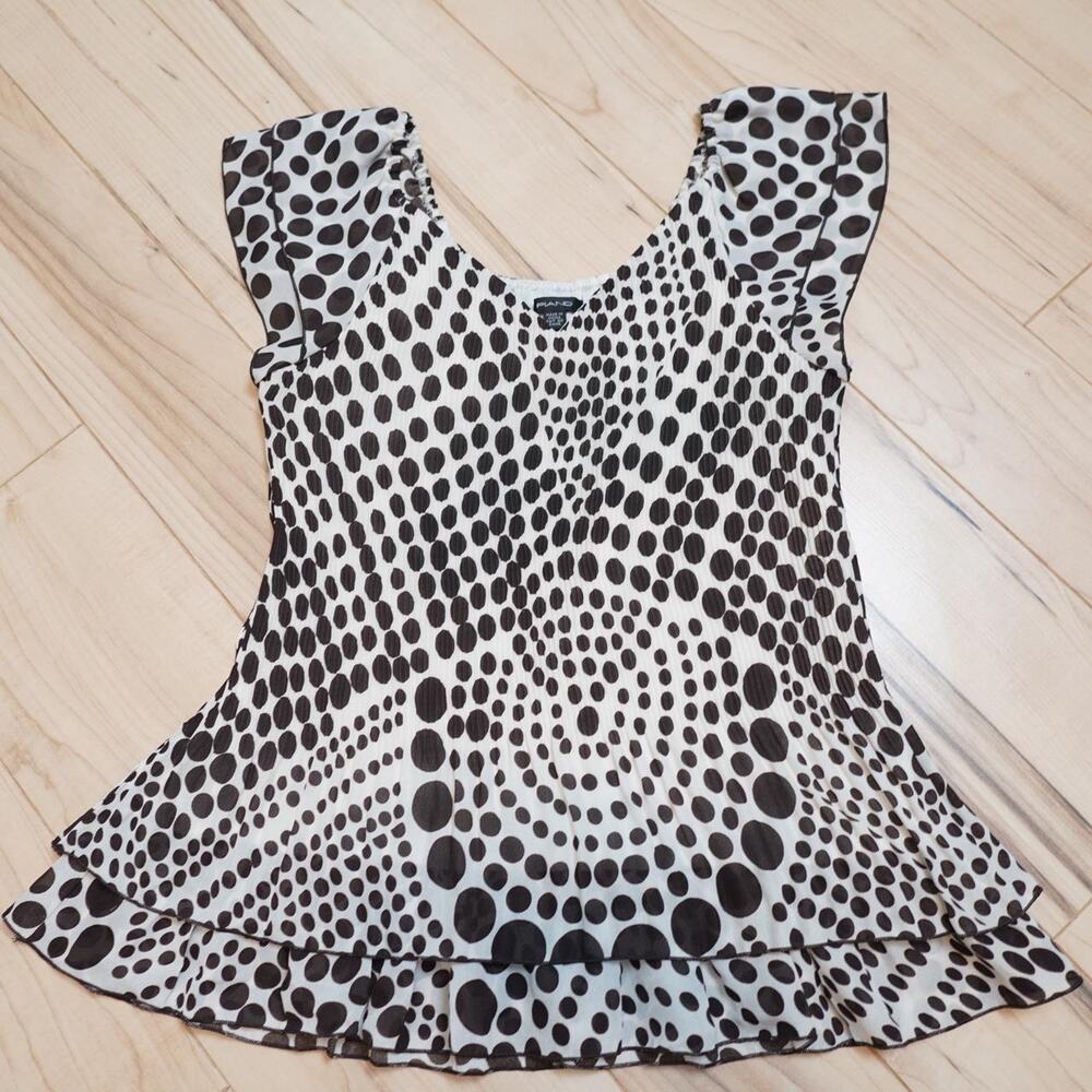 Piano Black & White Polka Dot Ruffle Peplum Flutter Sleeve Top Y2K Mod M